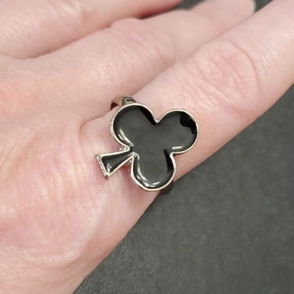 Silver tone black enamel club adjustable ring